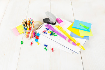 School stationary on the wooden table