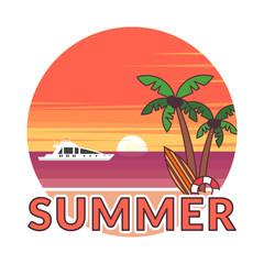 Sticker in modern flat design. The sun going down over the horizon is sunset. Summer background - sunset beach. Sea, yacht and a palm tree. Vector illustration.
