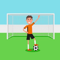 Fototapeta premium Soccer goalkeeper keeping goal on arena, Athlete with a soccer ball. Flat character in cartoon style. Vector illustration.