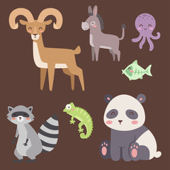 Cute zoo cartoon animals isolated funny wildlife learn cute language and tropical nature safari mammal jungle tall characters vector illustration.