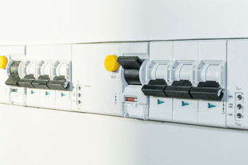 A number of automatic switches and differential circuit breakers with led indication of the module implementation. Covered with protective panels in the electrical Cabinet or panel. Modern technology.