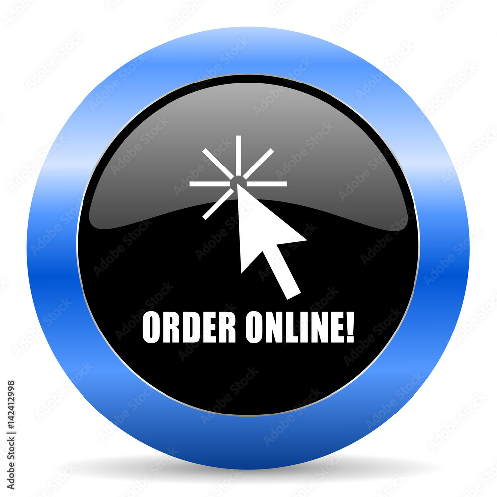 Poster order online black and blue web design round internet icon with shadow on white background.