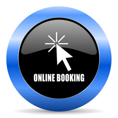 Online booking black and blue web design round internet icon with shadow on white background.