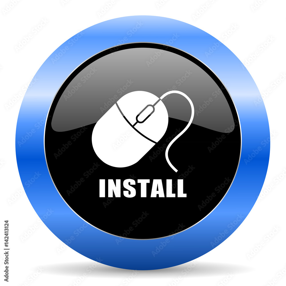 Aufkleber Install black and blue web design round internet icon with shadow on white background.