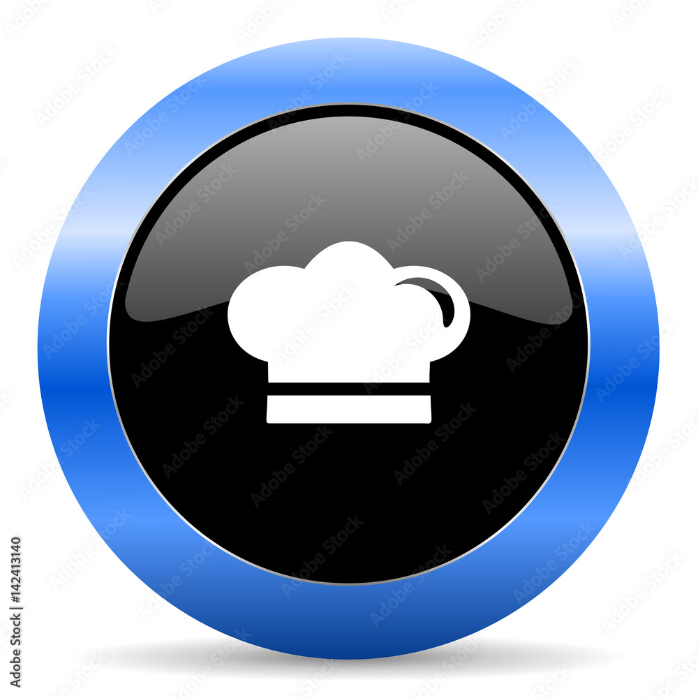 Poster cook black and blue web design round internet icon with shadow on white background.