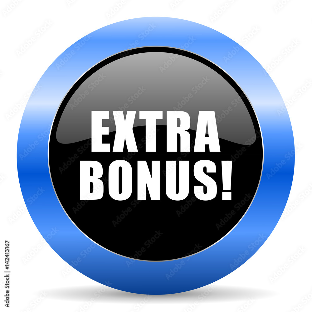 Poster extra bonus black and blue web design round internet icon with shadow on white background.