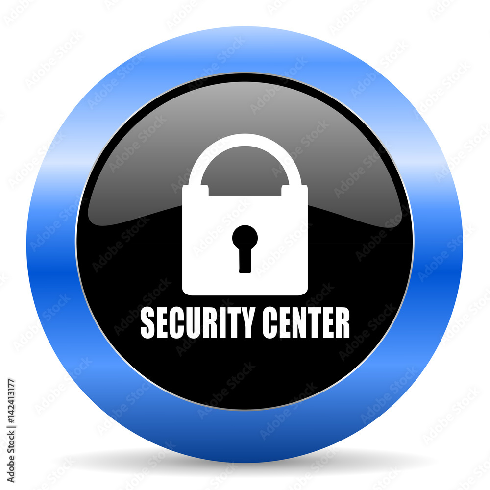 Poster Security center black and blue web design round internet icon with shadow on white background.