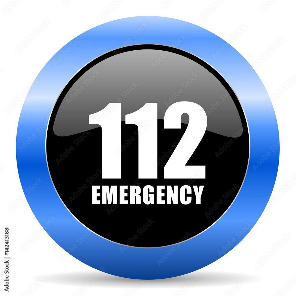 Aufkleber number emergency 112 black and blue web design round internet icon with shadow on white background.