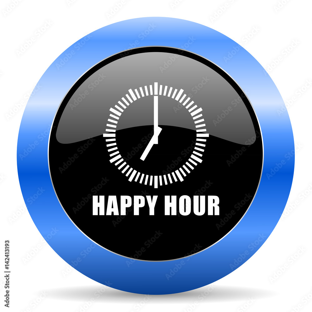 Poster happy hour black and blue web design round internet icon with shadow on white background.