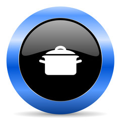 Cook black and blue web design round internet icon with shadow on white background.