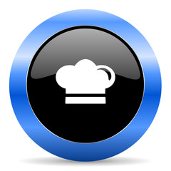 Cook black and blue web design round internet icon with shadow on white background.
