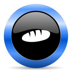 Bread black and blue web design round internet icon with shadow on white background.