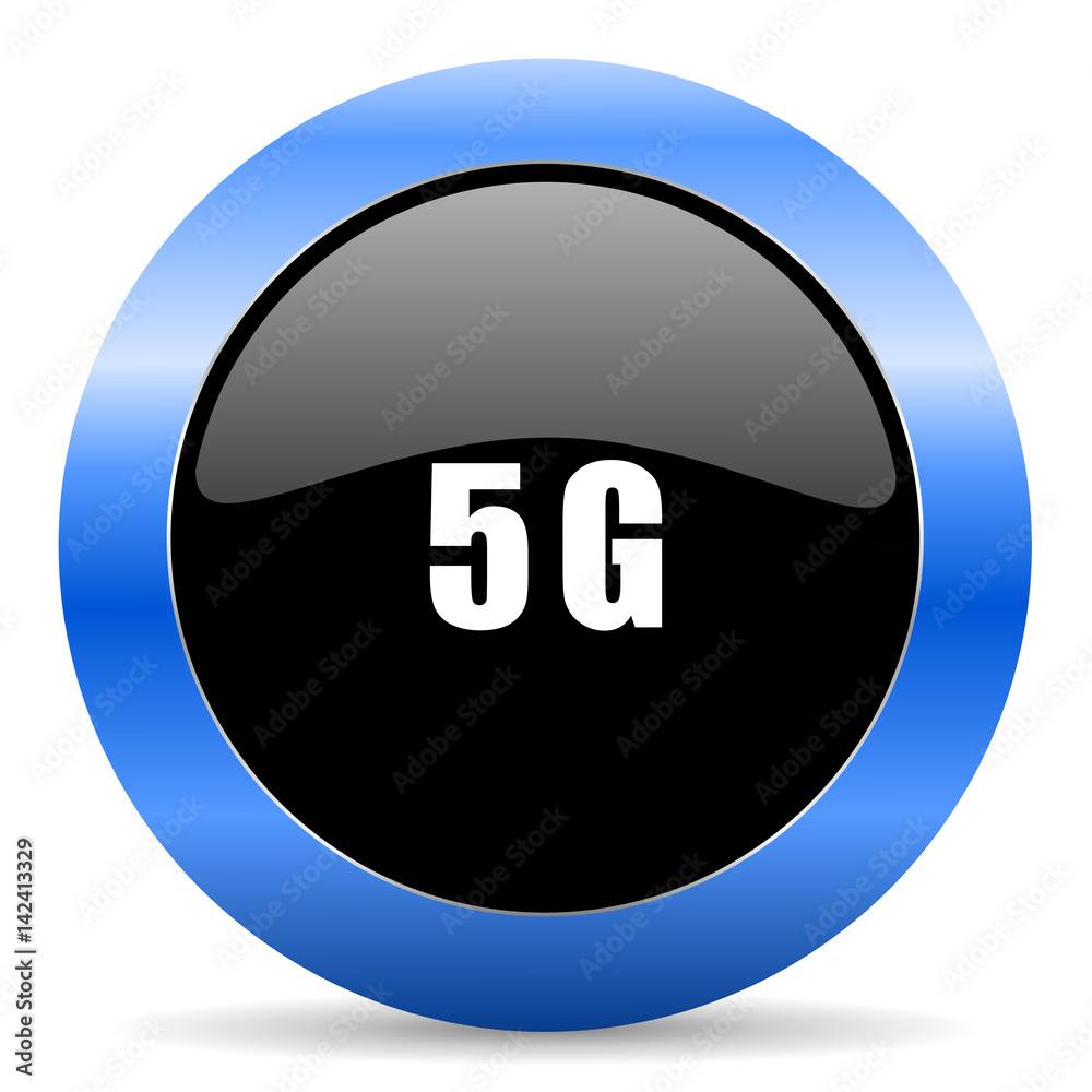 Poster 5g black and blue web design round internet icon with shadow on white background.