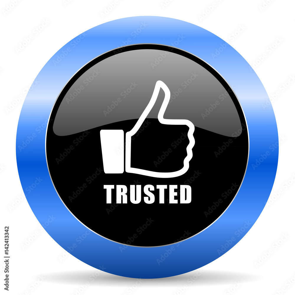 Poster Trusted black and blue web design round internet icon with shadow on white background.