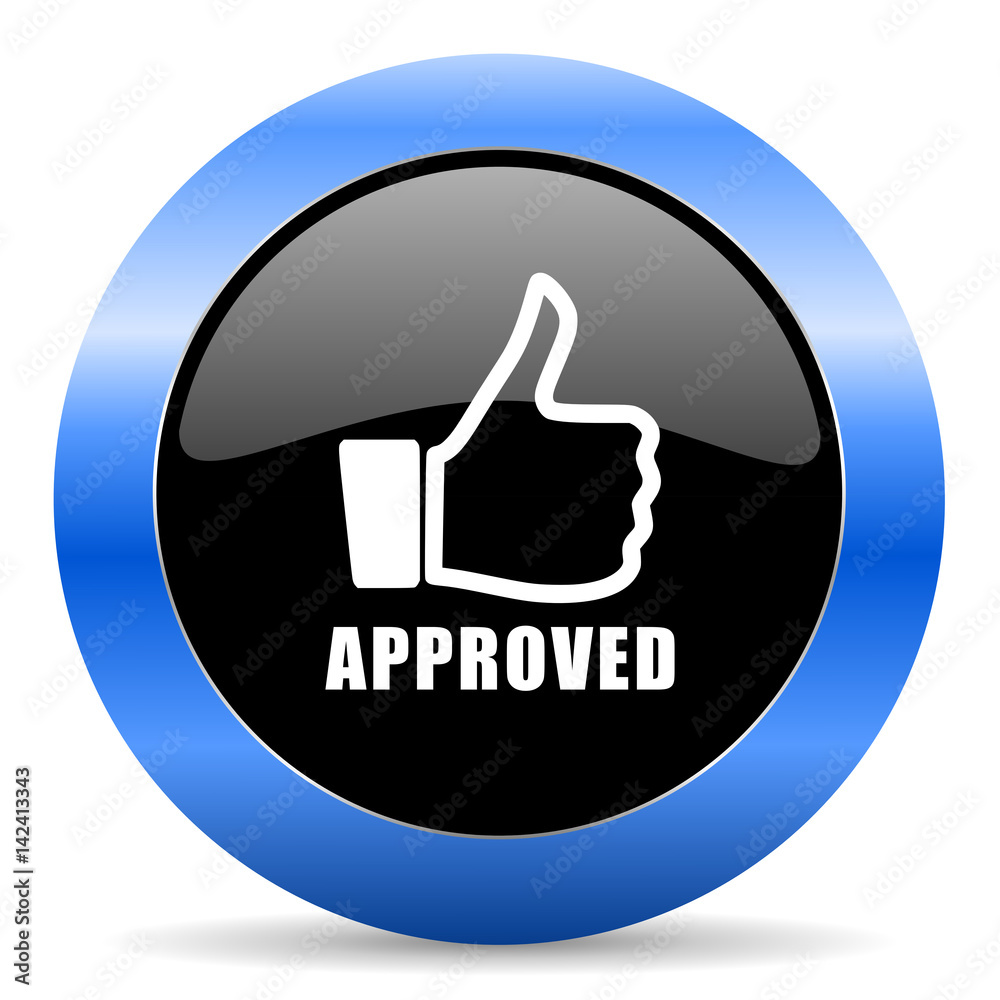 Poster approved black and blue web design round internet icon with shadow on white background.