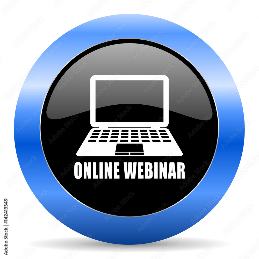 Aufkleber online webinar black and blue web design round internet icon with shadow on white background.