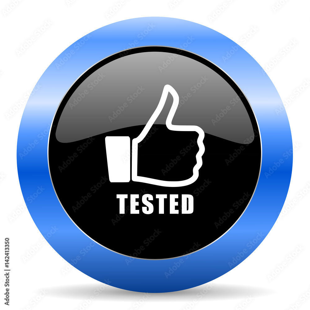 Poster tested black and blue web design round internet icon with shadow on white background.