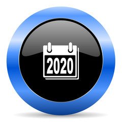 New year 2020 black and blue web design round internet icon with shadow on white background.