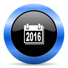 New year 2016 black and blue web design round internet icon with shadow on white background.