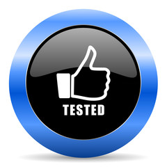 Tested black and blue web design round internet icon with shadow on white background.