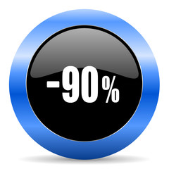 90 percent sale retail black and blue web design round internet icon with shadow on white background.