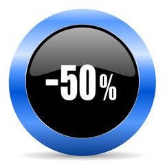 50 percent sale retail black and blue web design round internet icon with shadow on white background.