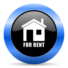 For rent black and blue web design round internet icon with shadow on white background.