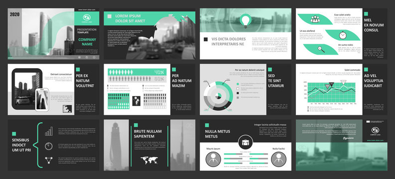 Creative set of abstract infographic elements. Modern presentation template with title sheet. Brochure design in light green, white and dark gray colors. Vector illustration. City, street image. Urban