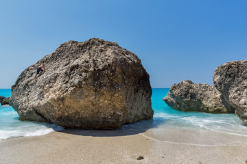Amazing landskape of blue waters of Megali Petra Beach, Lefkada, Ionian Islands, Greece