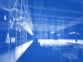 sketch design of   interior restaurant, 3d rendering