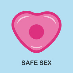 Safe sex Vector illustration Icon of pink condom in the heart shape on a light blue background with the inscription Safe sex Flat design