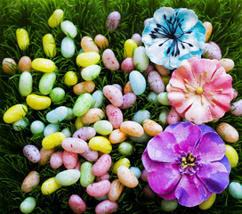 spring easter eggs in green grass