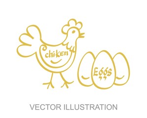 Vector silhouette of chicken with eggs and lettering hand written text. Calligraphy design font for poster or banner, illustration in gold and black color on the white background