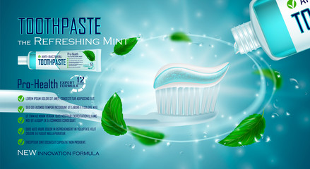 Toothpaste ads, refreshing mint. Toothpaste on toothbrush, splashing aqua, water drops, mint leaves. Drawn elements, 3d vector illustration, cosmetics product, blure, bokeh background,sparkling effect
