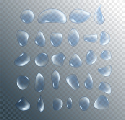 Water drops on transparent background, Pure clear set, 3d realistic collection, editable elements. Vector illustration.