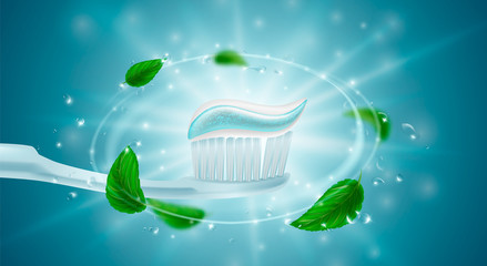 Toothpaste ads, refreshing mint. Toothpaste on toothbrush, splashing aqua, water drops, mint leaves. Drawn elements, 3d vector illustration, cosmetics product, blure, bokeh background,sparkling effect © Gluiki