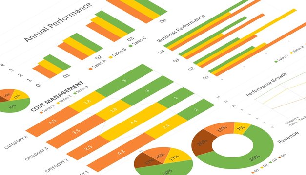 business charts, graphs, annual reports and summarizing background, management and project for business concepts