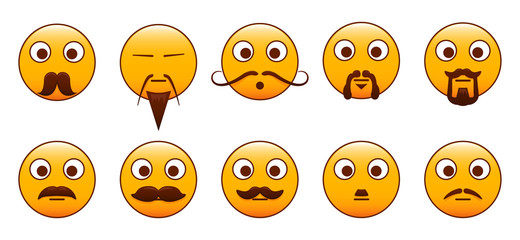 Set of moustaches and beards on emoticons. Editable vector design