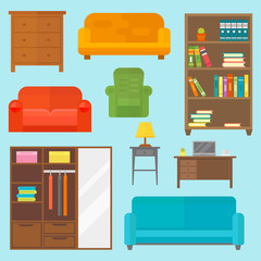 Furniture home decor icon set indoor cabinet interior room library office bookshelf modern restroom silhouette decoration vector illustration