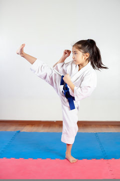 Children during training in karate. Fighting position