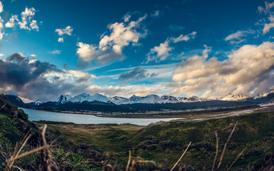 Sunset view at mountain range over the sea, Ushuaia, Argentina