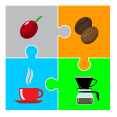 Coffee beans and coffee cup on colorful jigsaw puzzle.