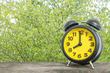 Closeup black and yellow alarm clock for decorate in 8 o'clock on old brown wood desk on green leaves in the park textured background