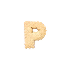 Closeup brown biscuit in P english alphabet isolated on white background with clipping path