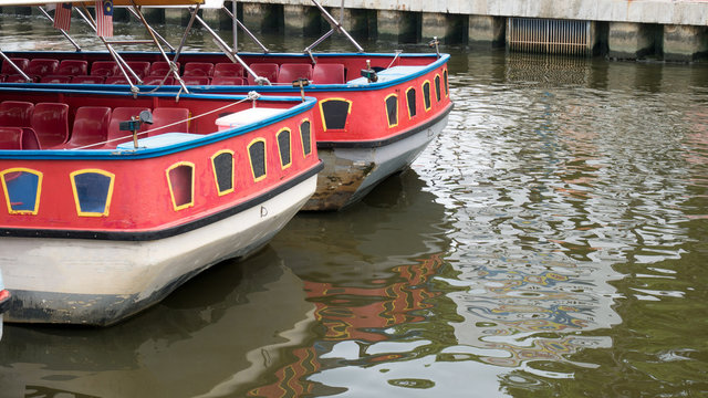 Ferry port of Sungai Melaka or Sungay Melaka and the river for tourist sightseeing along the city of Melaca in Malaysia.