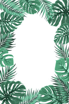 Exotic tropical jungle rainforest bright green palm tree and monstera leaves border frame template on white background. Vertical portrait aspect ratio. Place for text . Vector design illustration.