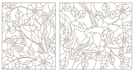 Set contour illustrations of stained glass with birds - obrazy, fototapety, plakaty