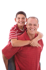 Hispanic Father and son isolated on white.