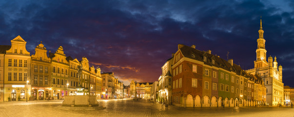 Naklejka na ściany i meble Main square of the old town of Poznan, Poland,Night panorama of old town.