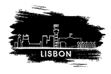 Lisbon Skyline Silhouette. Hand Drawn Sketch.